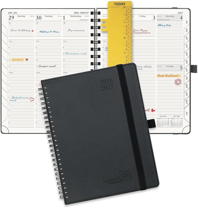 POPRUN Planner 2026-2027 (Medium - 6.5'' x 8.5'') Academic Weekly Calendar (July 2026 - June 2027) with Hourly Time Slots, Monthly Tabs, 100GSM Thick Papers, Spiral Leather Cover - Black