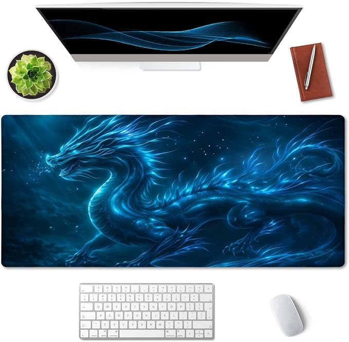 SSOIU Extended Mouse Pad, XXL Gaming Mouse Pads, Large Big Mousepad Laptop Computer Keyboard Mat Desk Pad with Non-Slip Base Stitched Edge for Gaming Office, 35.5 x 15.7 inch, Blue Dragon
