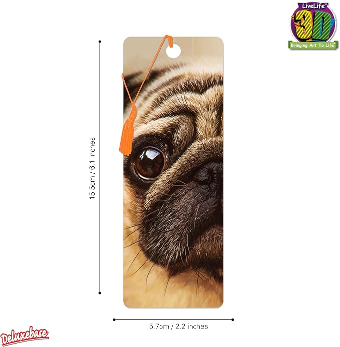 3D LiveLife Bookmark - Pug from Deluxebase. Cute Lenticular Dog Page Marker. Animal Themed Accessories for Book Lovers. Small Gifts for Men, Women, Writers and Teachers.