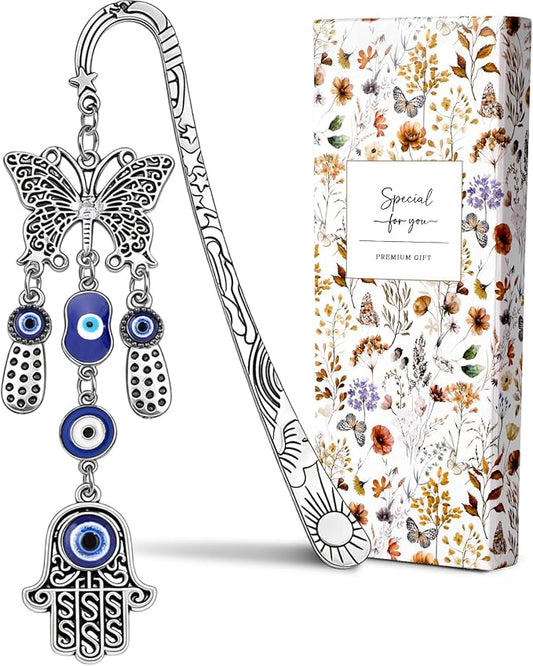 Buleens Bookmarks for Women Reading - Book Marks for Readers Book Lovers, Cute Sliver Butterfly Blue Eye Personalized Metal Bookmark with Pendants, Pretty and Aesthetic Book Accessories Reading Gifts