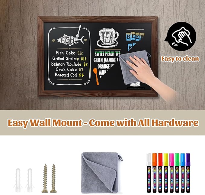 Magnetic Chalkboard for Wall, 24 x 36 Inch Solid Wood Framed Brown Magnetic Board, Wall Mounted Chalk Board for Kitchen, Restaurant, Food Truck and Calendar Board
