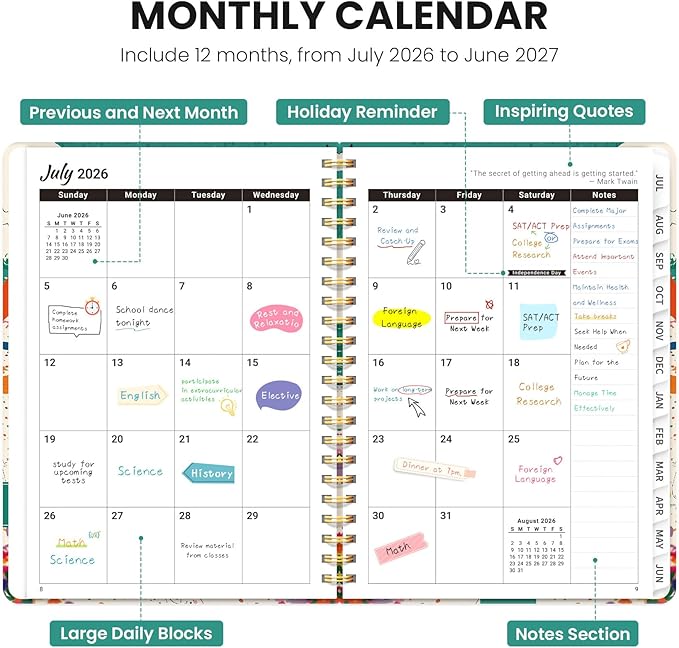 2026–2027 Academic Planner, Weekly and Monthly Planner for Women, July 2026 - June 2027, Pretty Hardcover 2026–2027 Academic Planner with Tabs, Inner Pocket, Spiral Bound, Perfect Office Home School Supplies - 6.3" x 8.5", Cat Beach