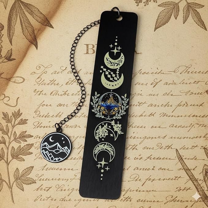 Stainless Steel Acotar Bookmark with Tassel, Acotar Inspirational Creative Moon Mountains Text Book Marks for Reading Women Men Collection, Books Accessories (New Black ACotar)