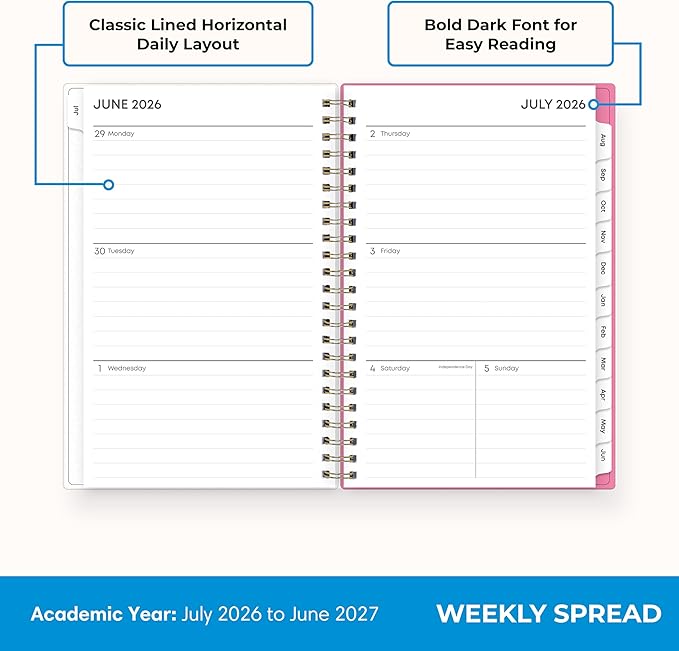 Blue Sky 2026-2027 Weekly and Monthly Academic Year Planner Calendar, July 2026 - June 2027, 5" x 8", Flexible Cover, Wirebound, Laminated Tabs, Roosevelt Pink