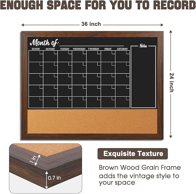 4 THOUGHT Chalkboard Calendar Corkboard Combo, 24" x 36" Large Bulletin Board Magnetic Calendar Chalkboard for Wall Combination Board Monthly Planner Rustic Brown Frame 4 Markers 8 Magnets 10 Pushpins
