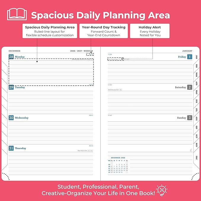 Weekly Monthly 2026-2027 Planner (July 26-Dec 27),8.5"x6.5",18 Months Agenda Plan with Month Tabs & Pocket,Expenses/Note Pages, Academic Calendar with Vegan Leather Cover,Rose Red