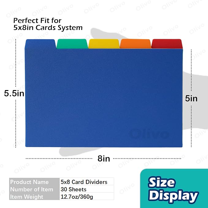 Olivo Index Card Dividers Tabs 5x8 Poly Plastic Card File Guides 5" x 8", Colored, 30 Pack