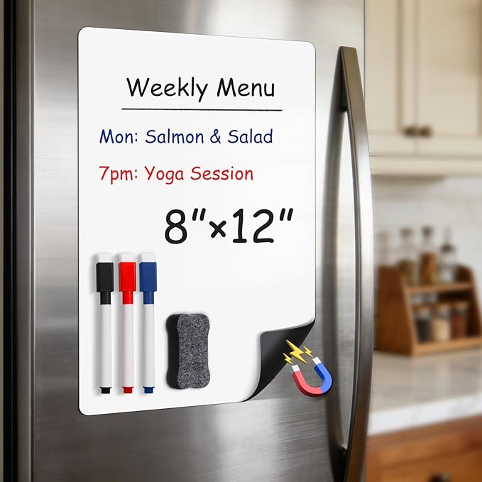 Magnetic Whiteboard for Fridge 12" x 8": Small Dry Erase Board Sheet for Kitchen Refrigerator as Weekly Menu Planner with Strong Magnet Backing - Flat Ships