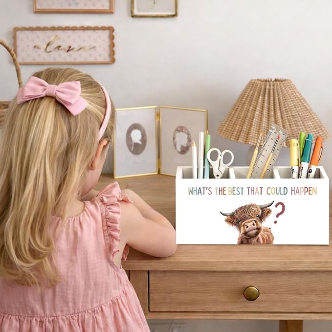 What’s The Best That Could Happen Cow 3-Compartment Desk Organizer, Wooden Pencil Holder for Pens, Pencils, Scissors & Rulers, Cute Farm Animal Theme for Home, Kids, Office