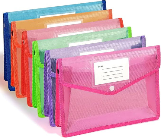 6Pcs Plastic Expanding File Folder, Transparent envelopes with Snap Closure, No Dividers, Large Capacity, Colorful File Folder Organizer, Accordion File Organizer, Fit Letter/A4 Size for Office/Home