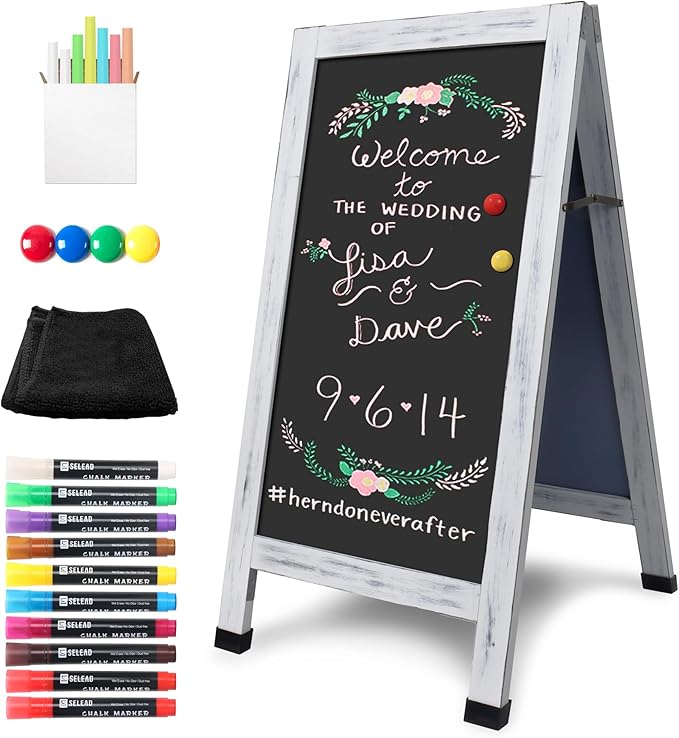 SELEAD Solid Wood A-Frame Chalkboard - 40" x 20" Magnetic Sandwich Board Signs Outdoor Standing Chalk Board Easel Sidewalk Pizarra for Wedding, Business, Party - Rustic White