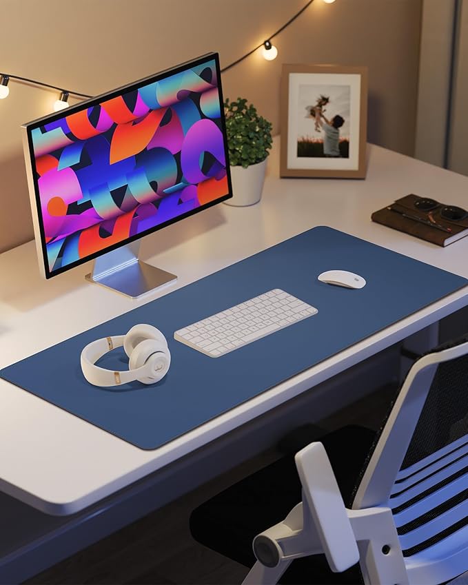 AFIING Desk Pad Protector 23.6" x 13.7" - Non-Slip Waterproof PU Leather Desk Mat for Mouse, Keyboard, Laptop, Office and Home Workspace (Blue Grey)