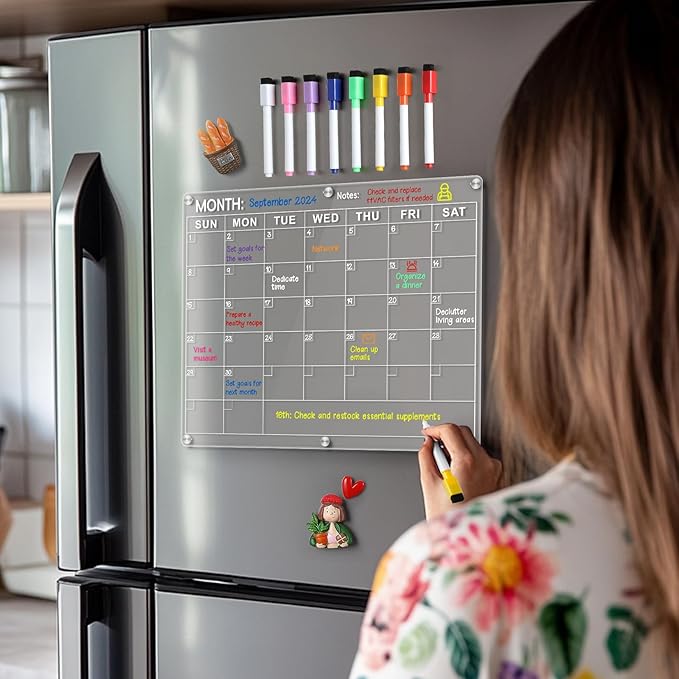 Acrylic Fridge Calendar, Magnetic Monthly Planner with 8 Color Markers, Clear Dry Erase Board for Events/Meetings/Shopping Lists - 14.5 * 11.5''