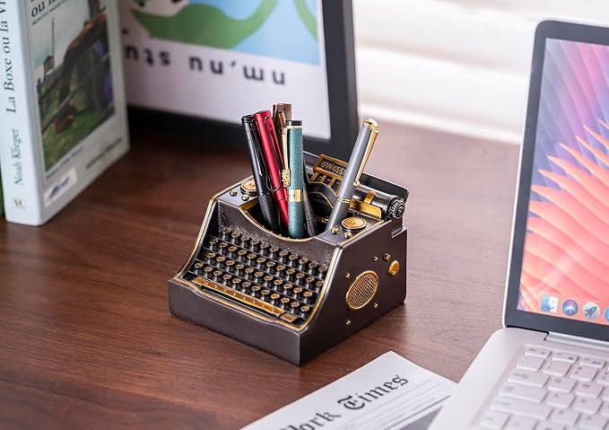 Retro Typewriter Pen Holder Decorative Resin Vintage Pencil Holders Desk Organizer for Writer's Desk (Iron)