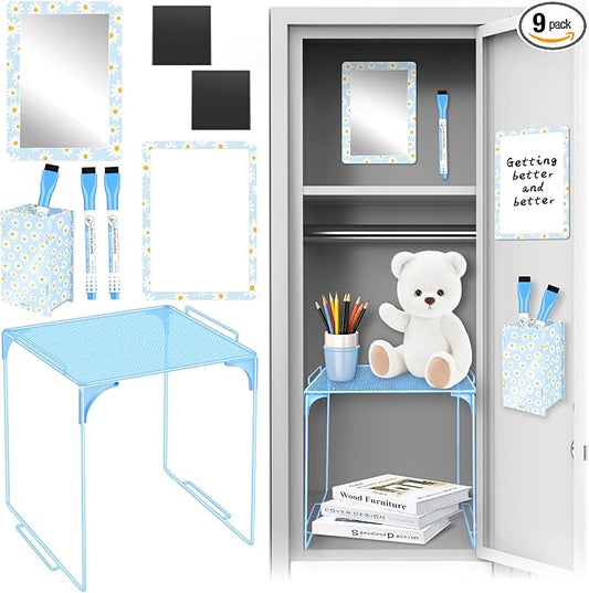 Denylo pro Magnetic Locker Accessories Kit Sky Blue Back to School Essentials Locker Organizer Supplies Include Mirror Whiteboard Pen Shelf Pencil Case Magnet Back to School Essentials