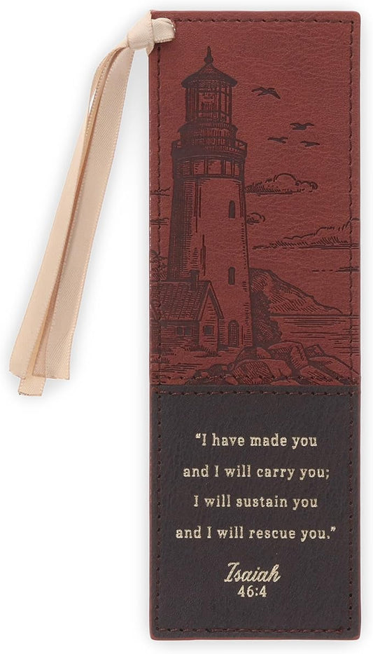 Christian Art Gifts Premium Vegan Leather Inspirational Scripture Bookmark for Men & Women: I Will Carry You Encouraging Bible Verse, Heat-Debossed, Satin Ribbon, Lighthouse Ocean Theme, Brown & Gold