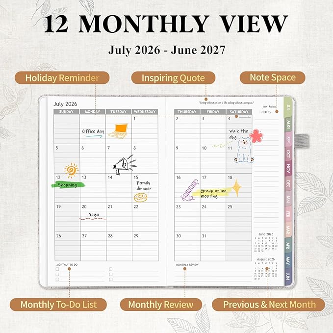 2026-2027 Planner Weekly and Monthly, Jul 2026 - Jun 2027, A5 Linen Cover Calendar Planner 2026-2027, Agenda Book with Colorful Monthly Tabs, Inner Pocket (5.8" x 8.3", Beige)