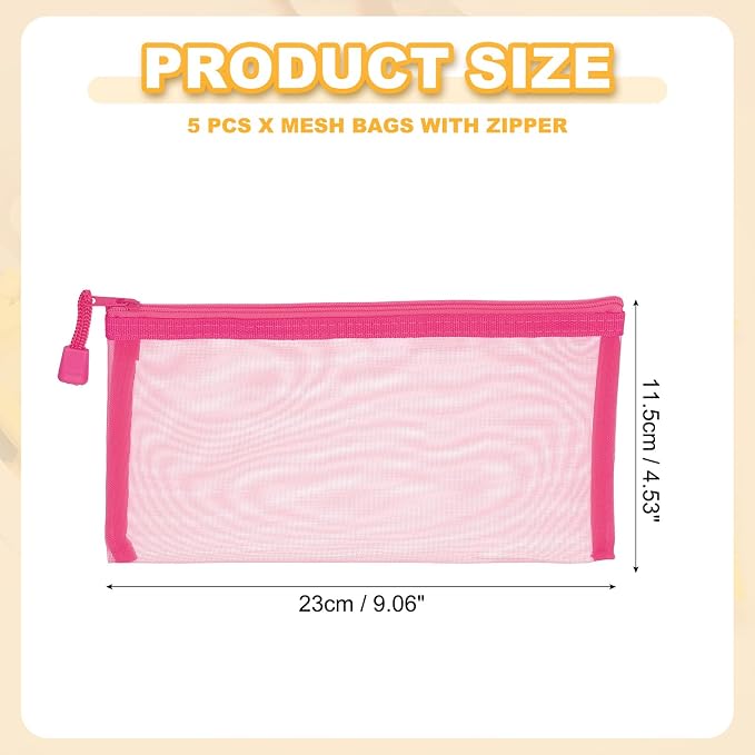 PATIKIL B6 Mesh Zipper Pouch Bags, 5 PCS Mesh Bags with Zipper Plastic Storage Pocket for Organizing File Beads Office Home Supplies, 11.5x23cm, Rose Red