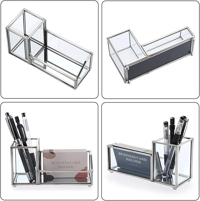 Hipiwe Glass Business Card Holder Metal Pen Pencil Storage Holder for Desk Clear Business Card Display Organizer Case for Office Home,2 Slots,Silver