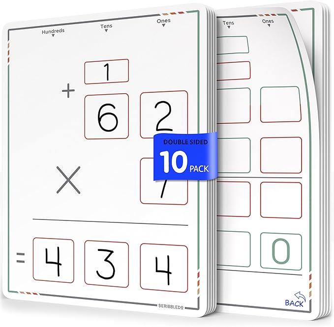 SCRIBBLEDO Multiplication Practice 9"x12" Small White Board Dry Erase Sheets Math Manipulatives 3rd Grade Times Table Supplies for Teacher Students Classroom Pack of 10 Sheets