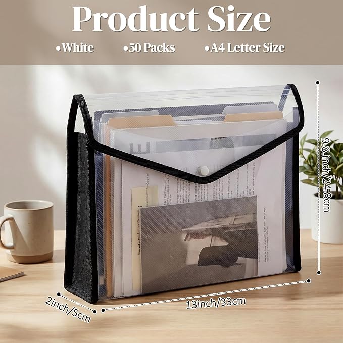 Handepo 50 PCS Plastic Expanding File Folder Bulk - Transparent Large-Capacity Portable Documents Envelopes with Snap Closure for Office, Business, School - No Dividers (White Color,A4 Size)