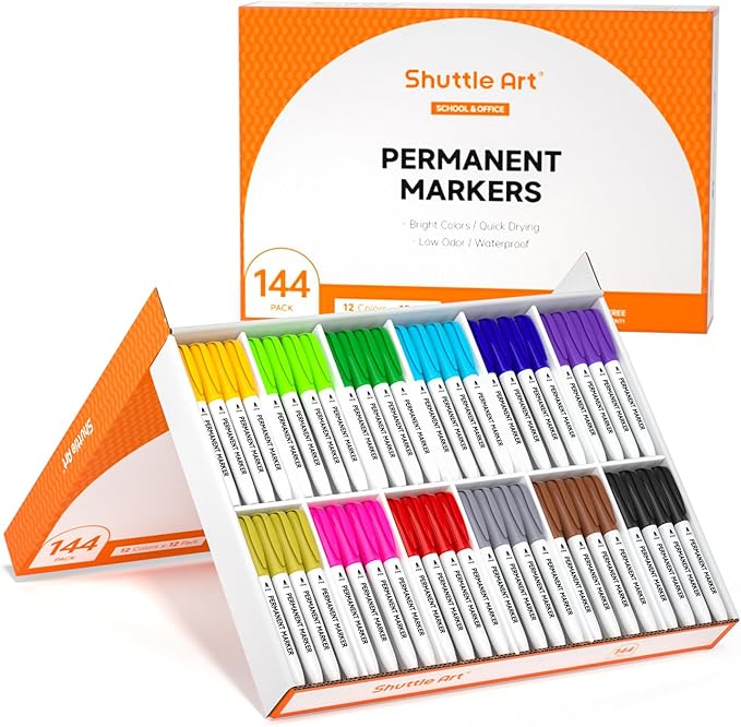 Shuttle Art 144 Pack Permanent Markers, Permanent Marker Assorted Colors, 12 Bright Colors Fine Point Permanent Markers For Students and Adult Coloring on Wood, Stone, Glass as Office, School Supplies
