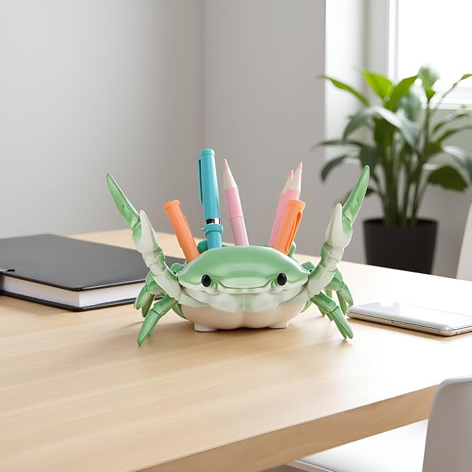 2Pcs Green Creative Crab Pen Holder Weightlifting Crabs Pen Stand Storage Rack, Pencil Holders Desk Supplies Holders and Dispensers, Desk Accessories and Workspace Organizer