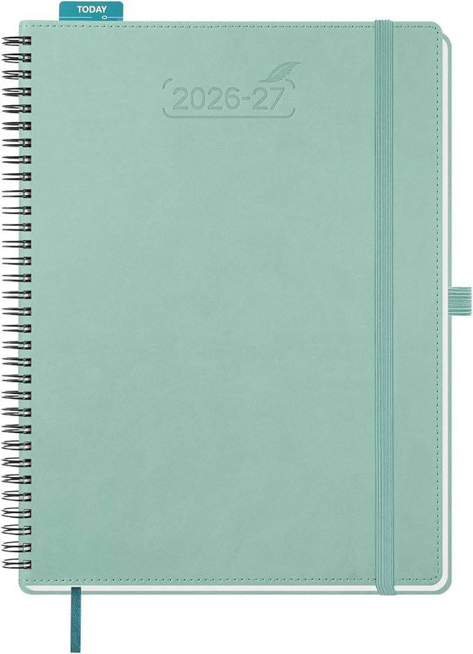 BEZEND Weekly Planner 2026-2027 (8.5" x 11") with Hourly Timeslots (Jul 26-Dec 27) 18 Months Academic Calendar & Monthly Tabs, for Students, Work & Home, Spiral PU Leather Softcover -Mint Green