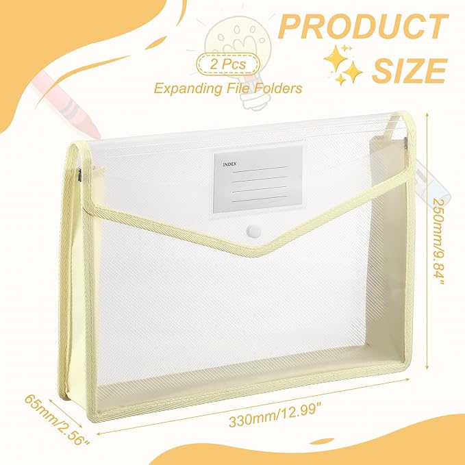 PATIKIL Plastic Expanding File Folders, 2 Pack A4 File Folder Envelopes Letter Size Document Organizer Supplies with Snap Closure for Classroom Office, Khaki, Horizontal