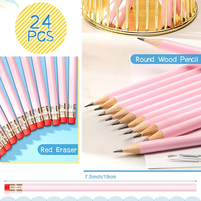 Outus 24 Pieces Round Pencils Cute HB Graphite Wood Pencils Pack with Eraser for School Drawing Sketching Wedding Office Supplies (Light Pink)
