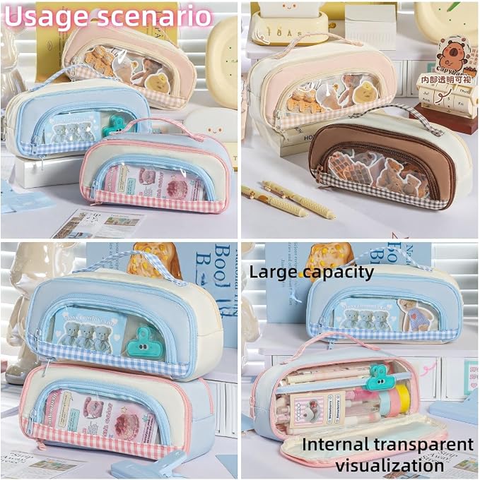 Cute Kawaii Pencil Case Pouch Sweet Check Window Pen Box Holder Organizer for Office Workspace Supplies Desk Accessories Travel Essentials Aesthetic Trendy Cool Stuff Gift Handy Handle (Blue)