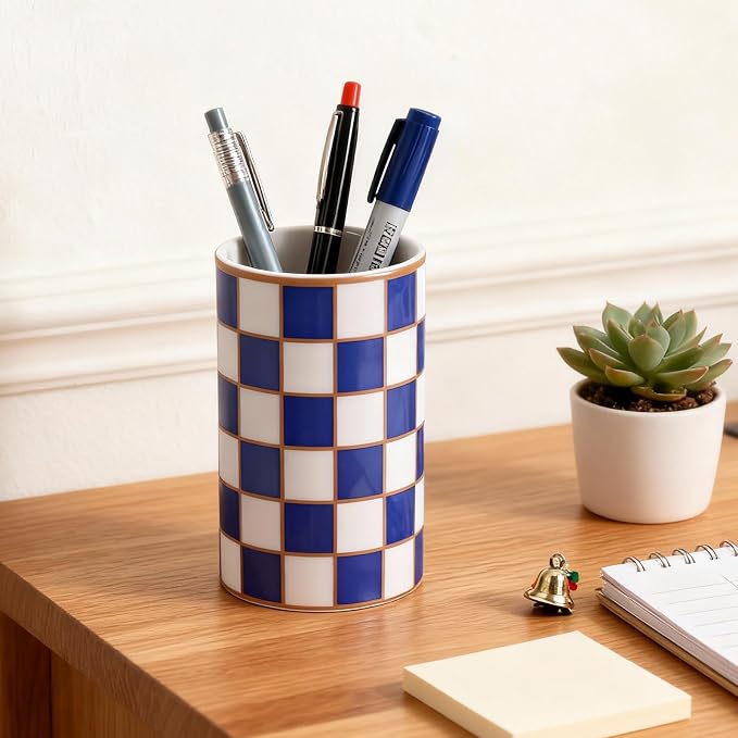 Ceramic Checkered Pen Holder For Desk,Cute Stand Black And White Pencil Cup,Durable Ceramic Pencil Cup, Decorative Makeup Brush Holder Cup, Stationery Holder for Office, School, Home (Blue)
