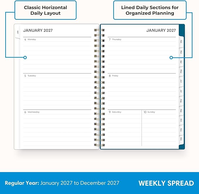 Blue Sky 2027 Weekly and Monthly Planner Calendar, January 2027 - December 2027, 5" x 8", Flexible Frosted Cover, Laminated Tabs, Durable Twin Wire Binding, Bakah Blue