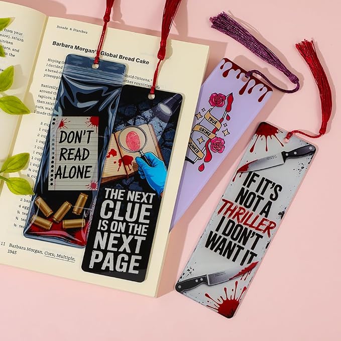 4Pcs Crime Scene Bookmark Set Acrylic, True Crime Book Marks with Tassels, Mystery Thriller Lover Gifts (4pcs True Crime)