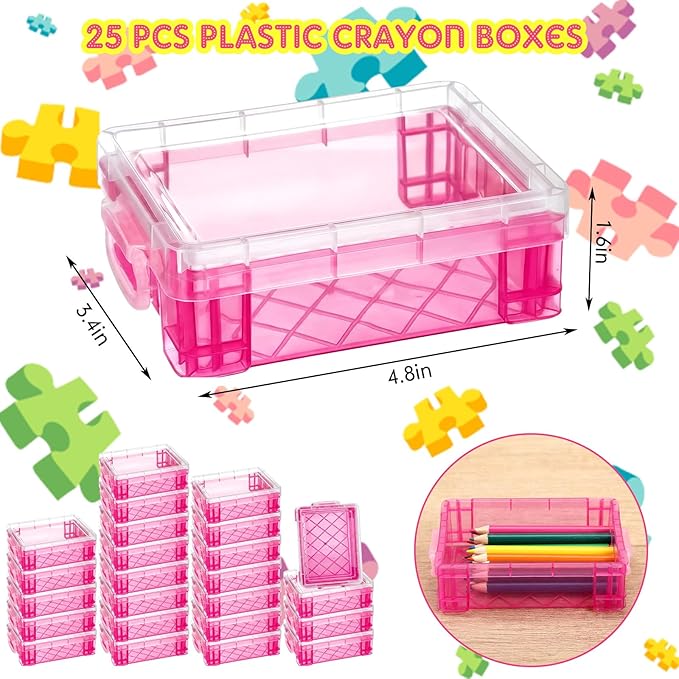 Suzile 25 Pcs Plastic Crayon Boxes with Snap Lids Crayon Storage Organizer Stackable Container Bulk Pencil Case for Pen Crafts Classroom Supplies(Pink)