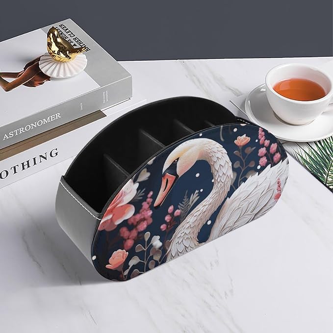 Floral Swan Remote Control Holder TV Remote Caddy with 5 Compartments PU Leather Storage Box Stylish Desk Organizer for TV/DVD/Accessories Desk Office Supplies Home