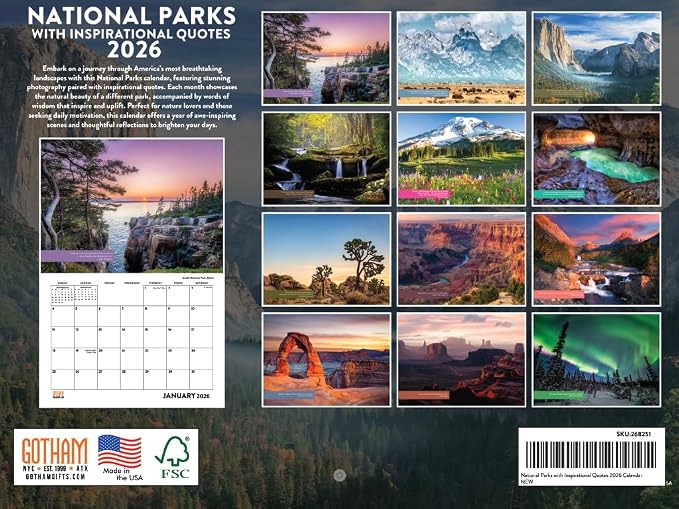 National Parks Inspirational Quotes Calendar 2026 Nature Monthly Wall Calender 12 Month | American Made In The USA