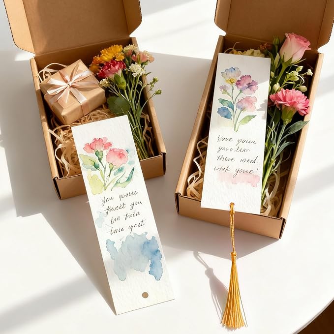 LOTMER 200 Pcs Watercolor Paper Blank Bookmarks with Colorful Tassels Book Marks Tassels DIY Kit Cotton Watercolor Paper Bookmarks with Hole for DIY and Gifts Tags 7.87x1.97 inch