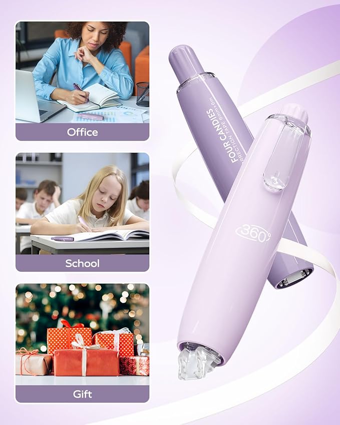 Four Candies Refillable Retractable White Correction Tape, 4PCS Smooth White Pull-Out Tape with 4 Extra Refills, Easy to Use Applicator for Instant Corrections for Office, School Supplies (Purple)