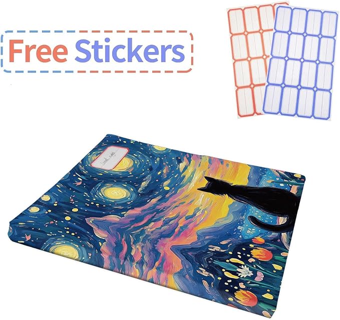 Anseal 1 Pack Starry Night Black Cat Stretchable Book Sleeve Cover for Hardcovers Textbooks up to 9” x 12”, Washable Reusable Book Protector with 2 Labels