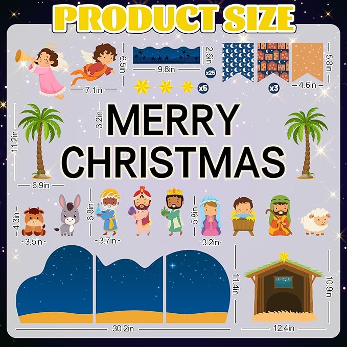 FYSUIMU 80Pcs Christmas Nativity Bulletin Board Decorations Christian Jesus Birth Scene Paper Cutouts Merry Christmas Classroom Decor with 150Pcs Glue Points for Xmas Party Sunday School Church