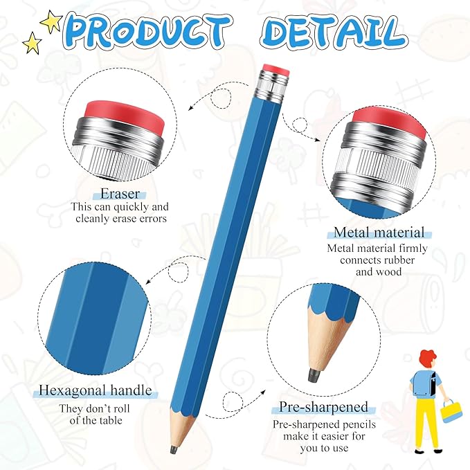 16 Inch Wooden Large Jumbo Pencils Giant Big Funny Wood Pencil with Cap and Eraser Fun Novelty Gifts for Kids School Kindergarten Home Office Prop Supplies(Blue)