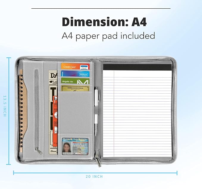 Zippered Portfolio Organizer/ A4 Refillable Lined Writing Notepad Folder Case/Fabric-Covered Padfolio Binder with Interior Storage Pocket for Men Women, Gray.