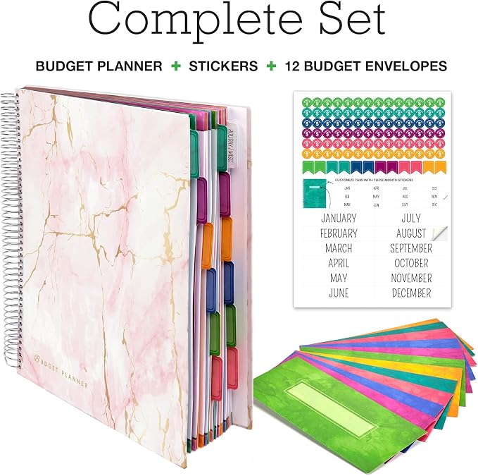 Global Printed Products Budget Planner & Monthly Bill Organizer With 12 Envelopes and Pockets. Expense Tracker Notebook and Financial Planner Budget Book to Control Your Money, 8.5" x 11", Pink Marble
