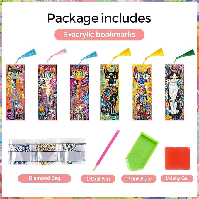 Puraikcmi 6 PCS 5D DIY Diamond Art Bookmarks Kit Cats Diamond Paintings Bookmarks Kits with Tassels Acrylic, Rhinestone Crafts Decoration Gift Set for Book Lovers Beginners & Adults