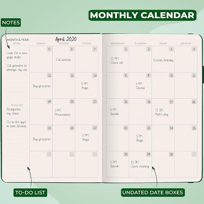 Skyline Hourly Weekly Planner – Undated Agenda & Daily Appointment Book – Time Blocking Notebook for Business Entrepreneurs, A5 (Forest Green)