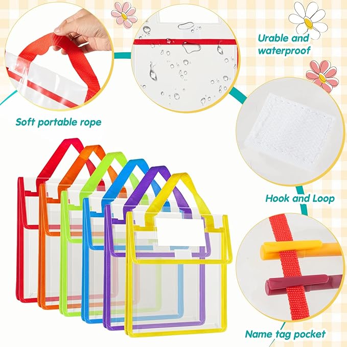 Teling 48 Pack Thick Clear Book Pouches with Blank Name Tags and Handles Book Baggies Bags Bins Organizer for School Classroom Library Pockets Students (10 x 12 Inch,Bright Color)