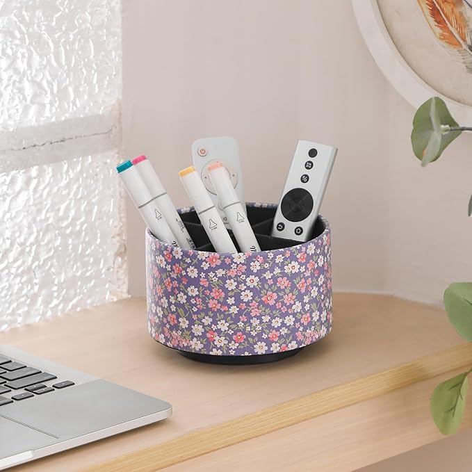 360 Degree Rotating Remote Holder for Table, Spinning Desk Organizer, Desk Caddy Pen Cup for Nightstand, Coffee Table, Office, 4 Compartment Stationary Remote Basket, Small Flowers PH129