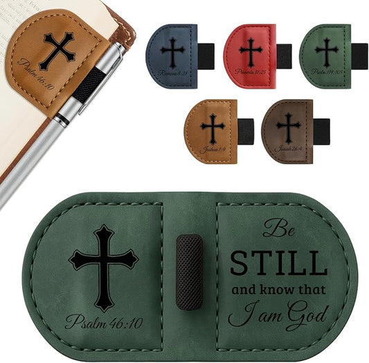 Bygone Mark Personalized Magnetic Leather Bookmark with Pen Holder - Inspirational Bible Verse Scripture Design, Custom Book Marker for Book Lovers Men Women (Green-Psalm 46:10)