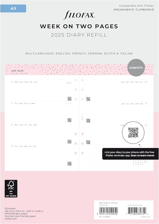 Filofax Calendar Diary Refill, A5 Size, Week-to-View, Confetti Minimal Diary Pack, Multilingual: Five Languages, 2025 (C68591-25)